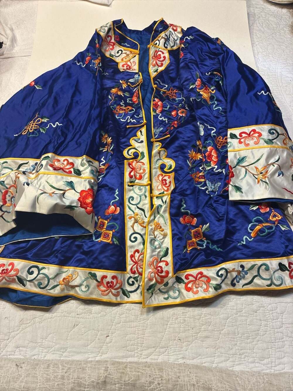 Vintage Royal Blue Silk Embroidered Chinese Robe Small Floral